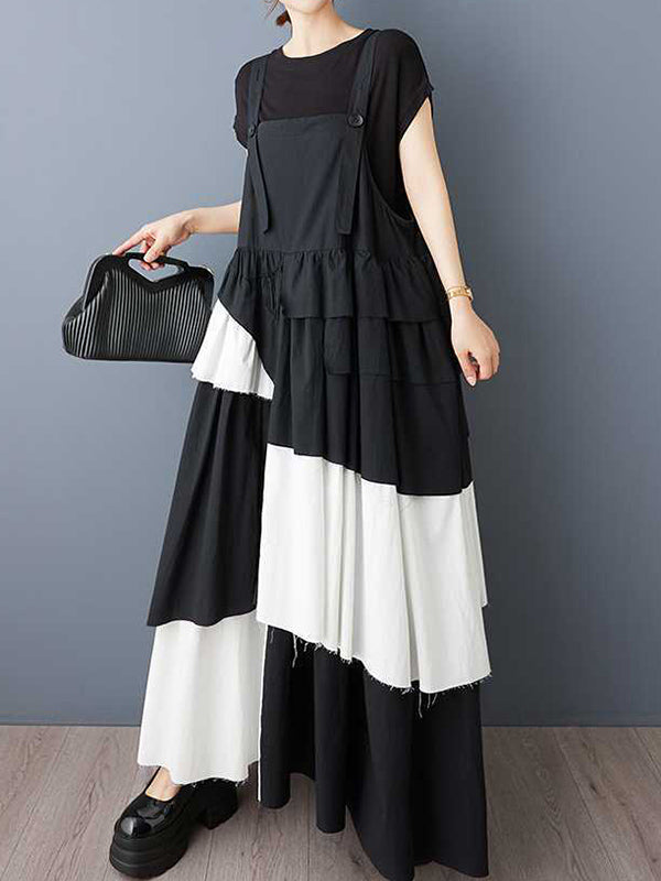 Robe trapèze ample asymétrique boutonnée plissée à col Spaghetti, robe longue à bretelles