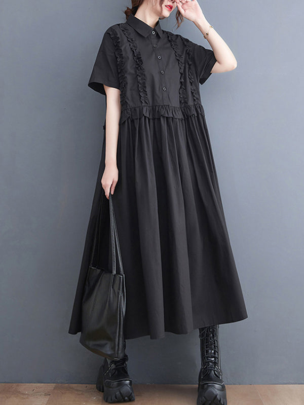 Robe chemise mi-longue de couleur unie, simple, manches courtes, ample, boutonnée, Volants, à empiècements