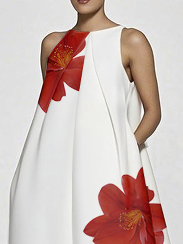 Robe longue asymétrique coupe trapèze, sans manches, à imprimé floral, à empiècements, à col rond