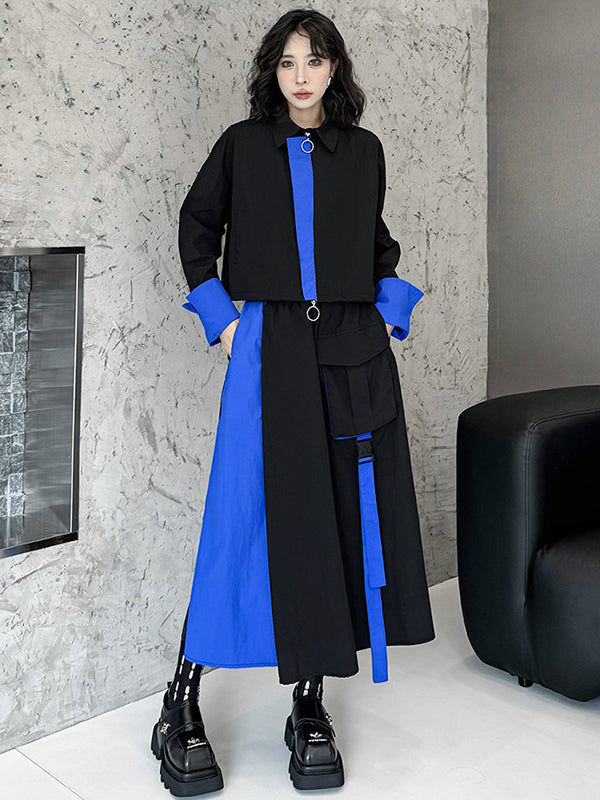Ensemble deux pièces asymétrique à empiècements, à col revers, coupe trapèze, à taille élastique, à poches, à rubans, couleur contrastée – chemisier + jupe