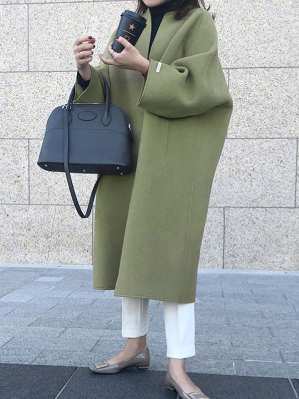 Manteau en laine ample à manches longues, sans col, couleur unie