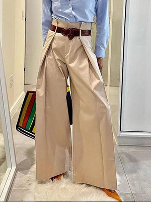 Pantalon ample plissé taille haute, à empiècements, couleur unie