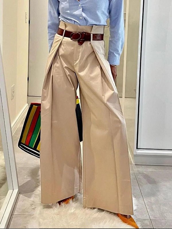 Pantalon ample plissé taille haute, à empiècements, couleur unie