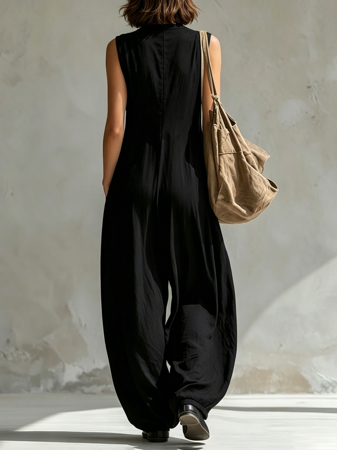 Combinaison boutonnée sans manches, à jambes larges, à col en V, couleur unie
