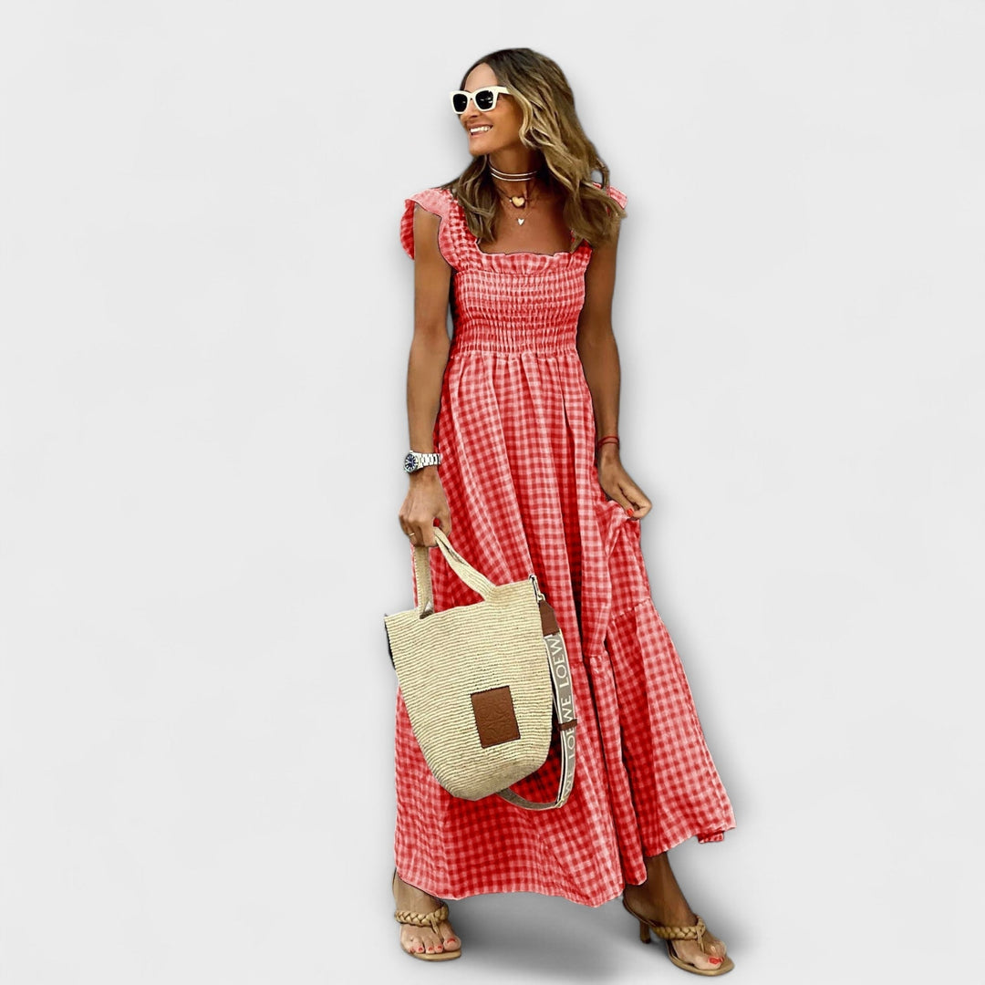 Robe maxi à carreaux avec détails en volants aux manches
