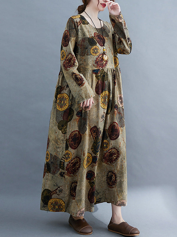 Robe longue artistique ample imprimée rétro, à manches longues, à col rond