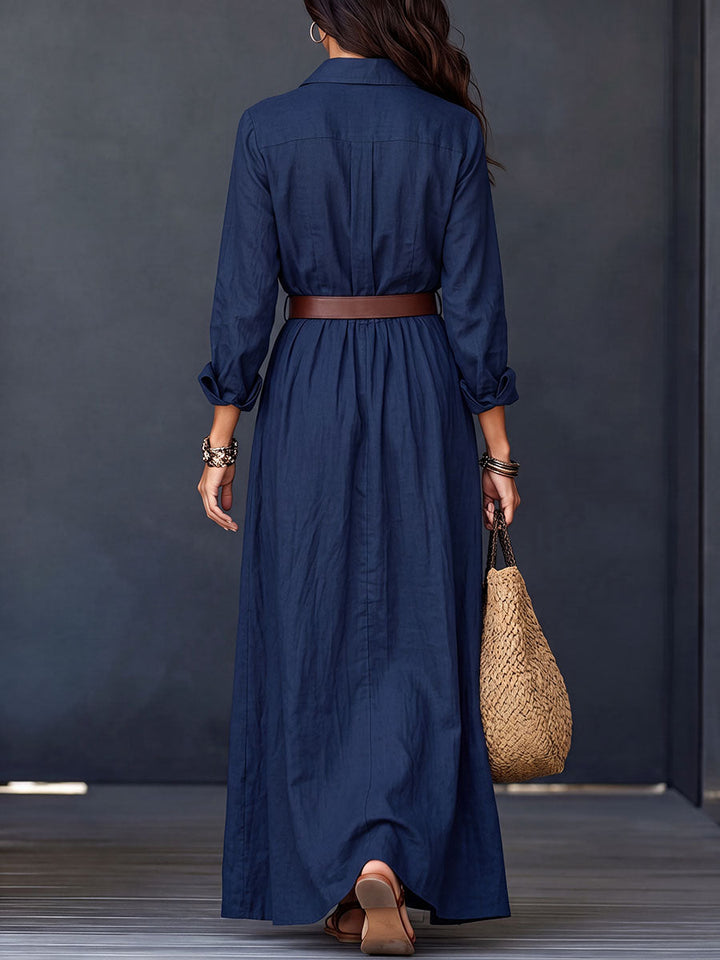 Robe chemise longue boutonnée ample à ourlet ample, à boucle de ceinture, grande taille, à col revers, couleur unie