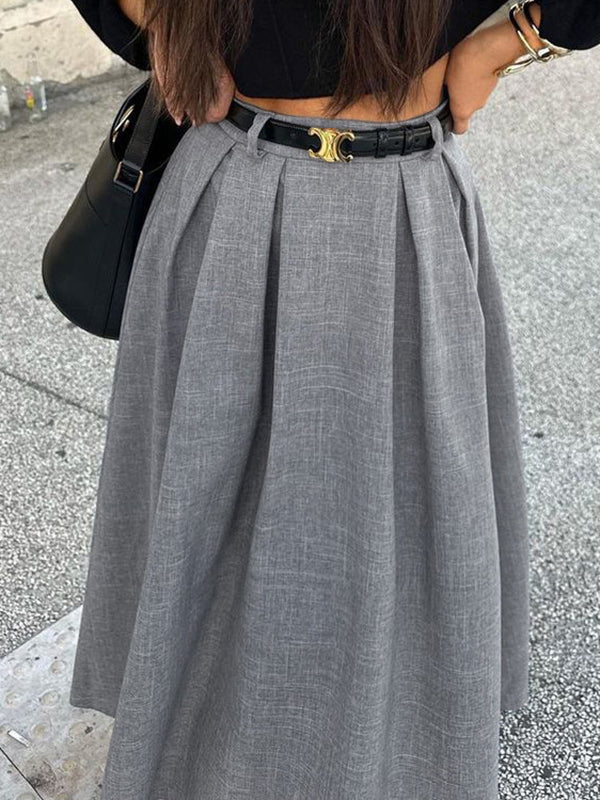 Jupe plissée coupe trapèze, taille haute, sans ceinture, couleur unie