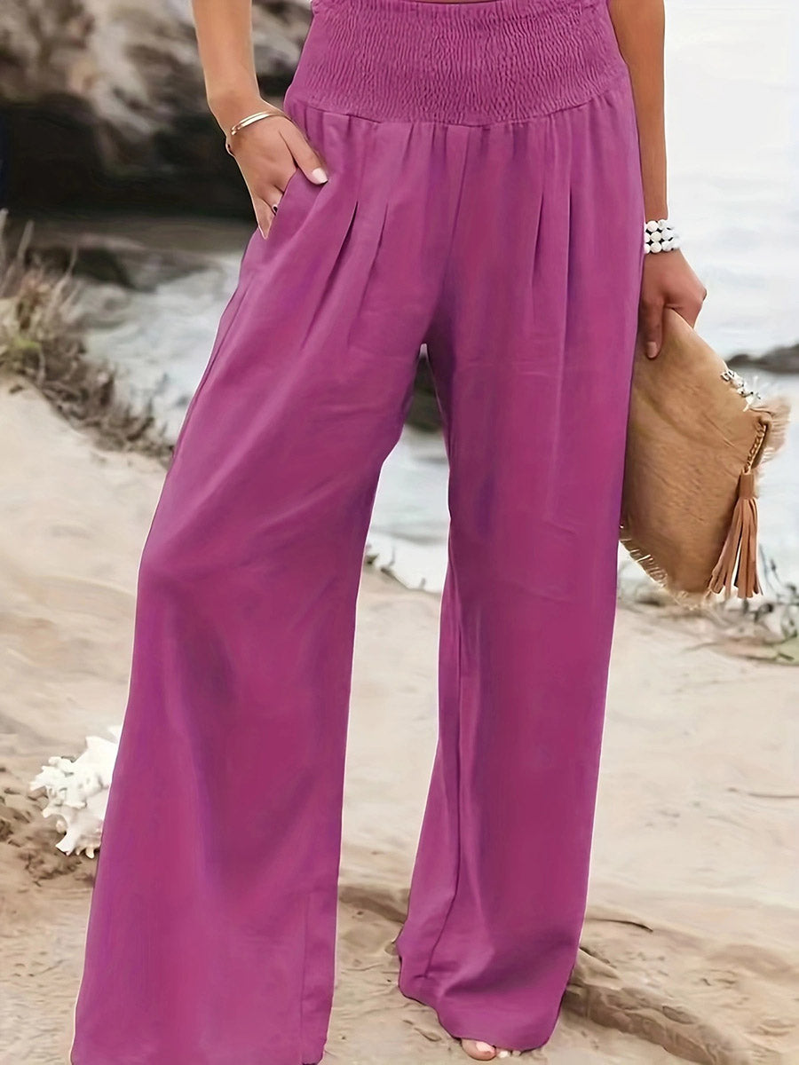 Pantalon plissé à taille élastique, taille haute, à poches, à empiècements, couleur unie