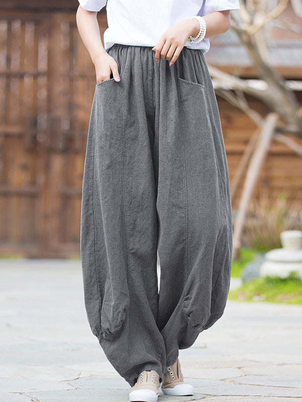 Pantalon en lin décontracté à jambes larges, taille haute, couleur unie, 7 couleurs