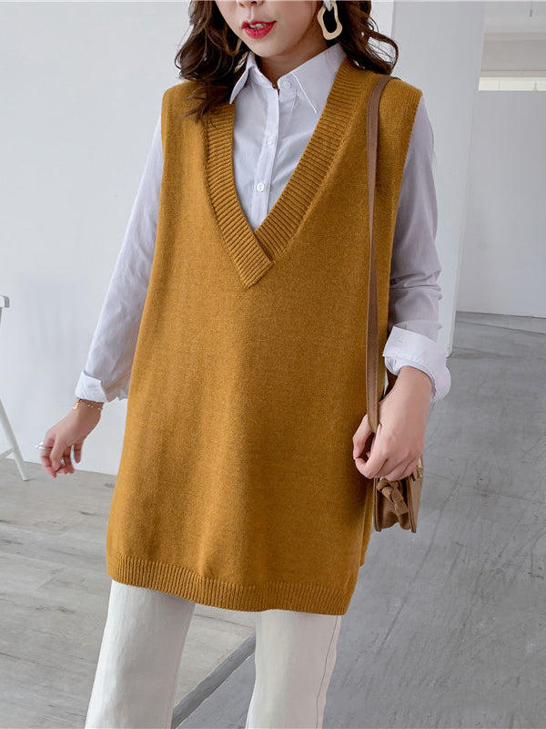 Gilet tricoté sans manches à la mode, fendu sur le côté, couleur unie, col en V