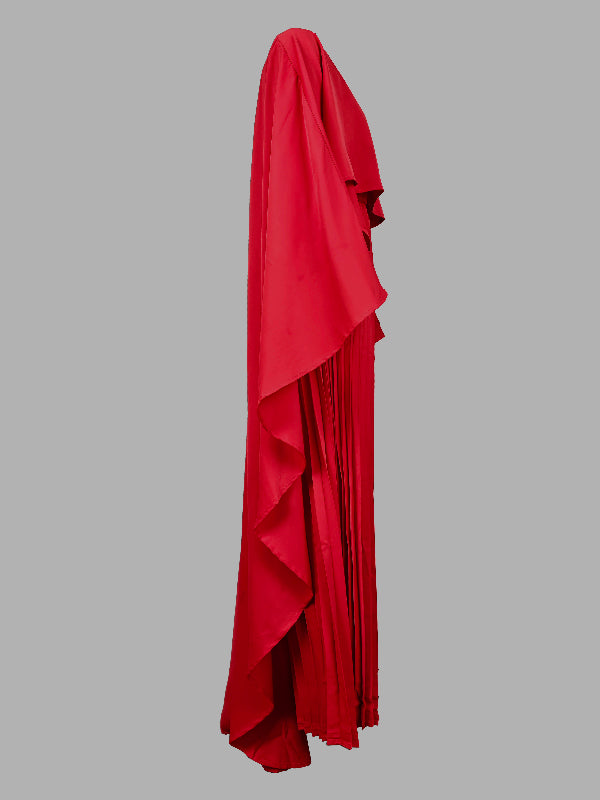 Robe de soirée longue plissée style cape, à ourlet plongeant, à empiècements, à col rond, couleur unie