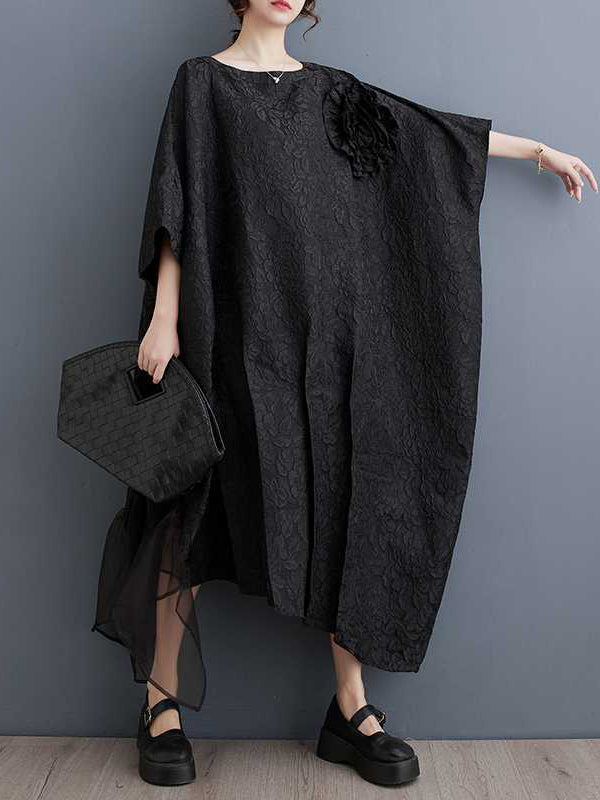 Robe mi-longue ample asymétrique plissée à manches chauve-souris, en forme de fleur, en gaze, en jacquard, à empiècements, à col rond, couleur unie