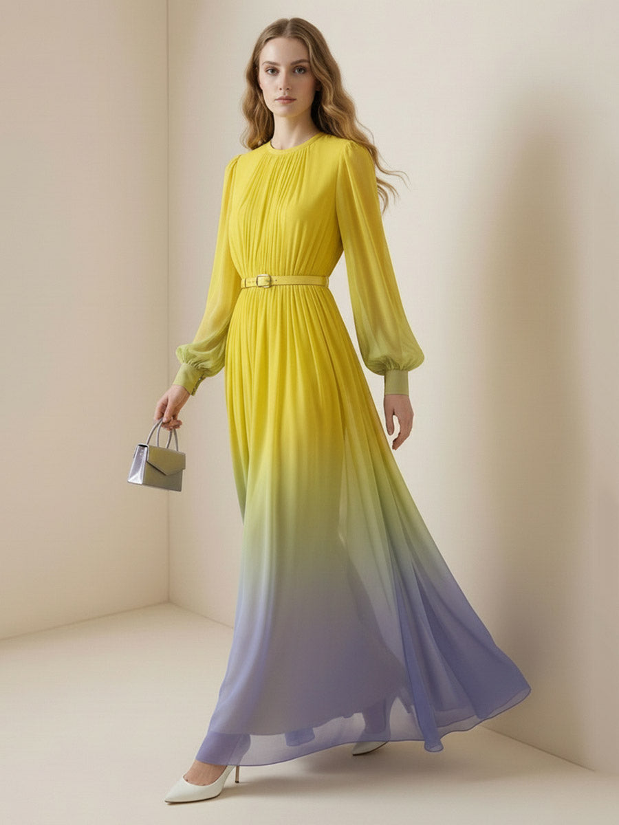 Robe longue plissée taille haute, à manches longues, avec ceinture, en dégradé, à empiècements, à col rond, couleur contrastée