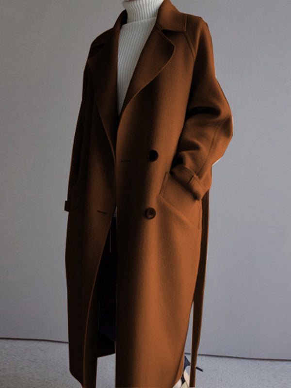 Manteau en laine urbain ample avec ceinture, couleur unie