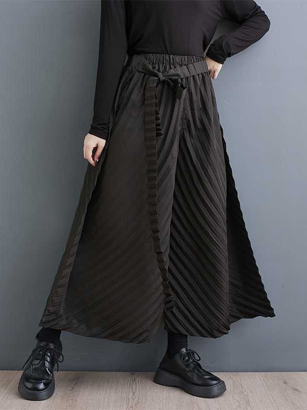 Ensemble deux pièces ample boutonné plissé à manches longues, à col montant, couleur unie – chemise + haut + pantalon