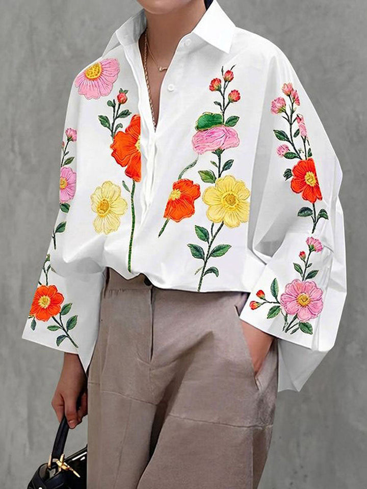 Chemisier ample boutonné à manches longues, à imprimé floral, à col revers, couleur contrastée