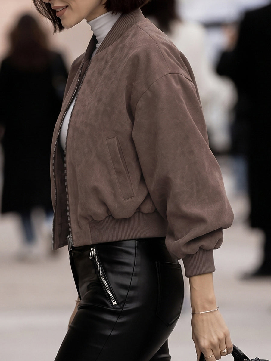 Veste courte à fermeture éclair, à taille élastique, à manches longues, à col rond, couleur unie