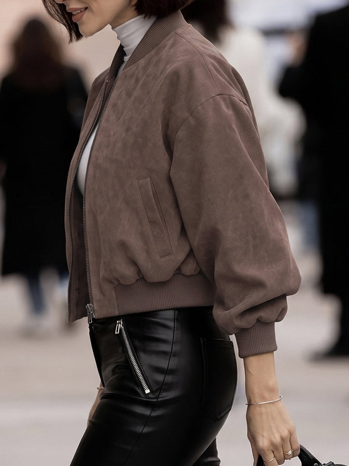 Veste courte à fermeture éclair, à taille élastique, à manches longues, à col rond, couleur unie