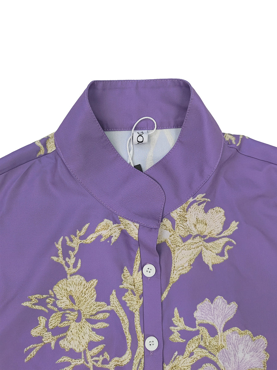Robe longue froncée boutonnée ample à empiècements, à poches, à imprimé floral, à manches longues, à col montant, couleur contrastée