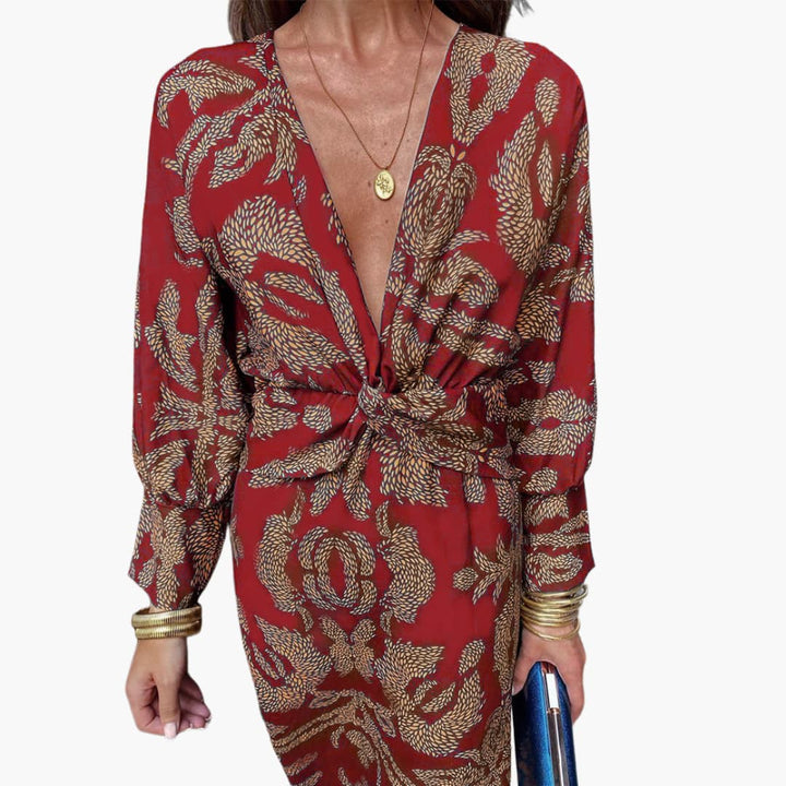 Robe midi pour femmes - Motif floral, manches longues & décolleté en V