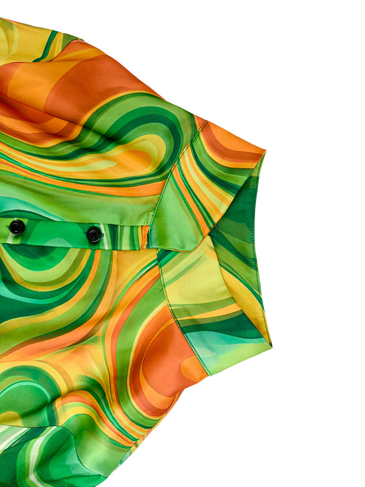 Robe longue imprimée plissée ample à poches, à manches longues, à col montant, couleur contrastée