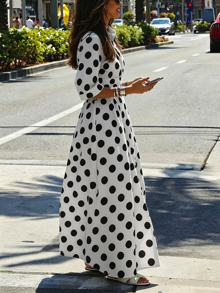 Robe chemise boutonnée coupe trapèze, à manches mi-longues, à taille élastique, à pois, à col revers, couleur contrastée