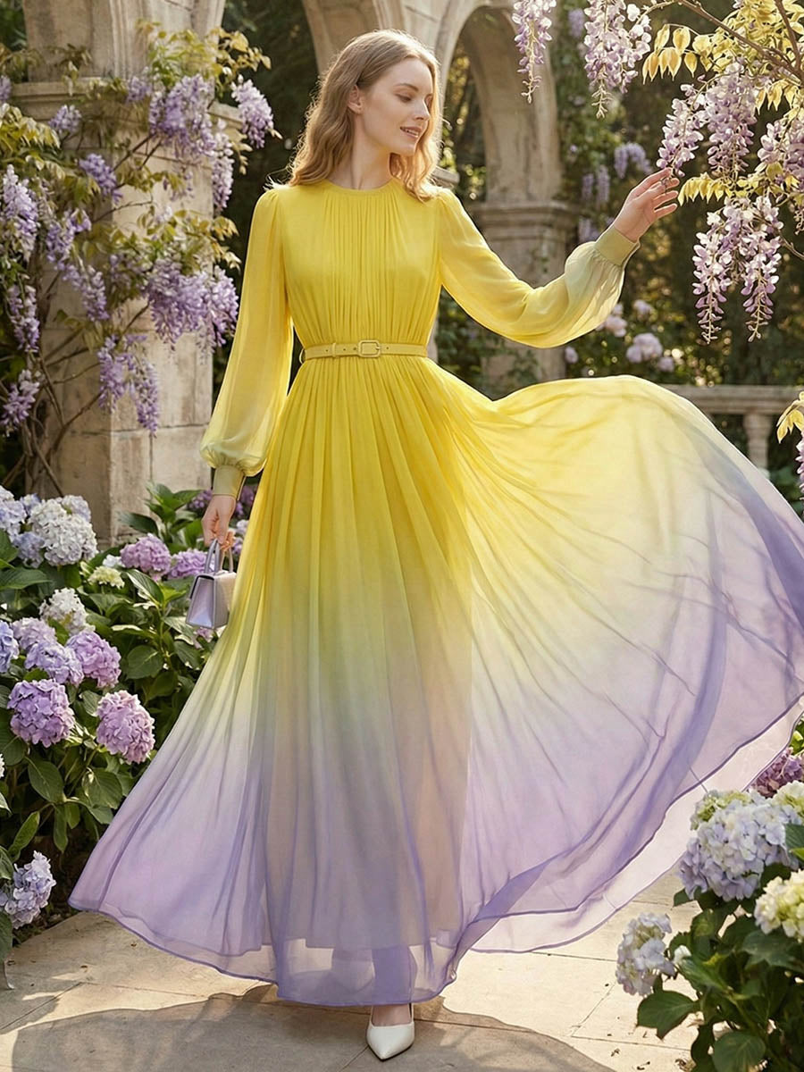 Robe longue plissée taille haute, à manches longues, avec ceinture, en dégradé, à empiècements, à col rond, couleur contrastée