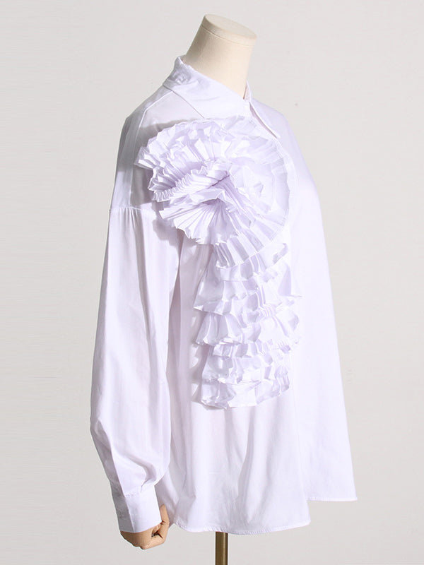 Chemisier ample asymétrique boutonné plissé à manches longues, à empiècements, à fleurs en 3D, à col revers, couleur unie