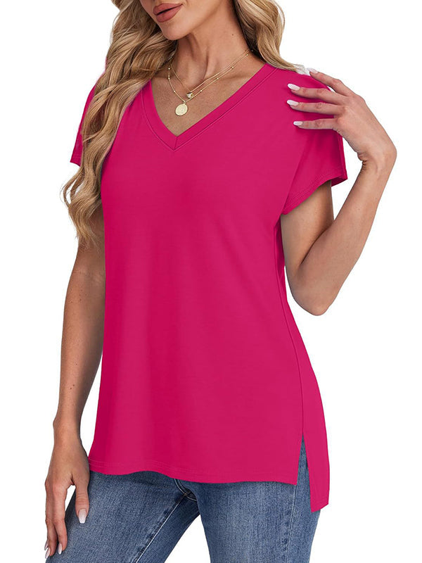 T-shirt fendu sur le côté à ourlet plongeant, à manches raglan, à empiècements, à col en V, couleur unie