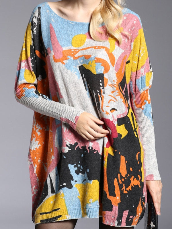 Pull vintage imprimé en laine mélangée de couleur contrastée