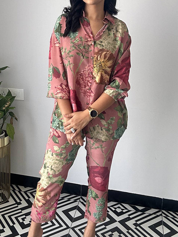 Ensemble deux pièces boutonné à manches longues, à imprimé floral, à col revers – chemise + haut + pantalon 7/8 + pantalon