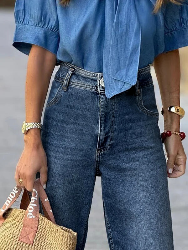 Jean taille haute, à jambes droites, en dégradé, à empiècements