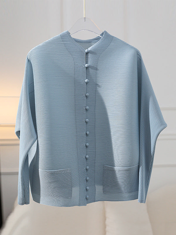 Veste ample boutonnée plissée à manches longues, à poches, à col rond, couleur unie