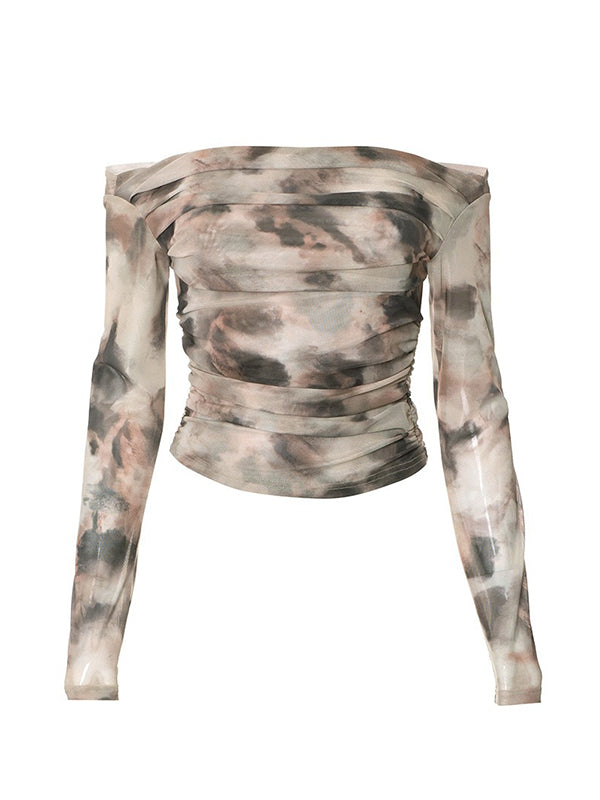 T-shirt plissé à manches longues, coupe près du corps, à empiècements, tie-dye, à épaules dénudées