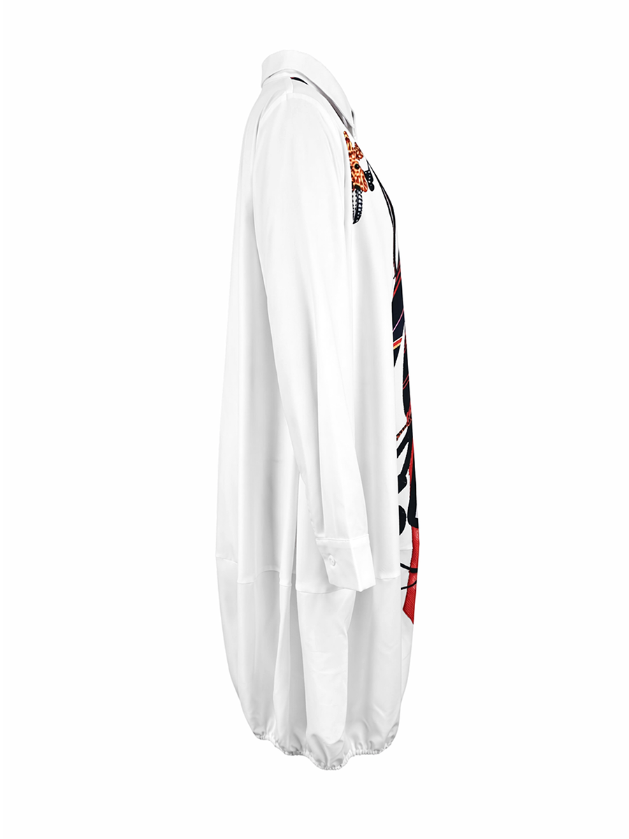 Robe mi-longue ample boutonnée imprimée à manches longues, à poches, à col revers