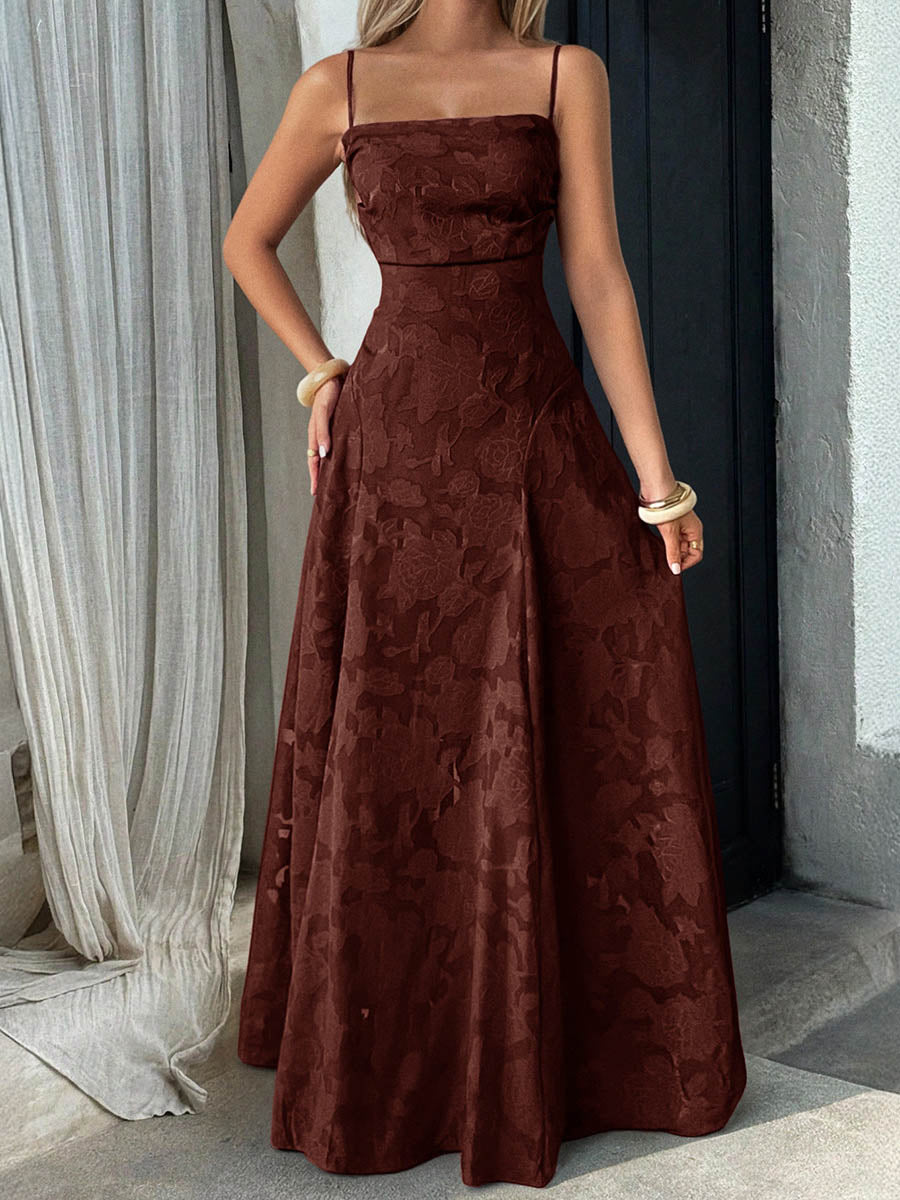Robe longue plissée coupe trapèze, taille haute, en jacquard, à fines bretelles, couleur unie