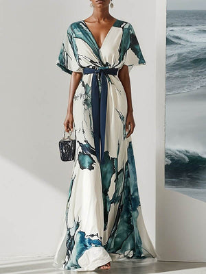 Robe de soirée longue ample imprimée à manches chauve-souris, à taille nouée, à col en V