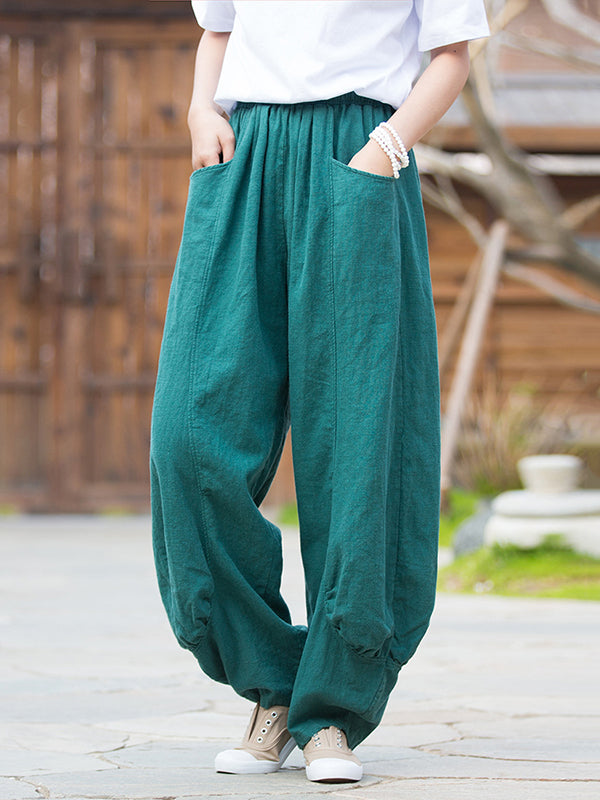 Pantalon en lin décontracté à jambes larges, taille haute, couleur unie, 7 couleurs