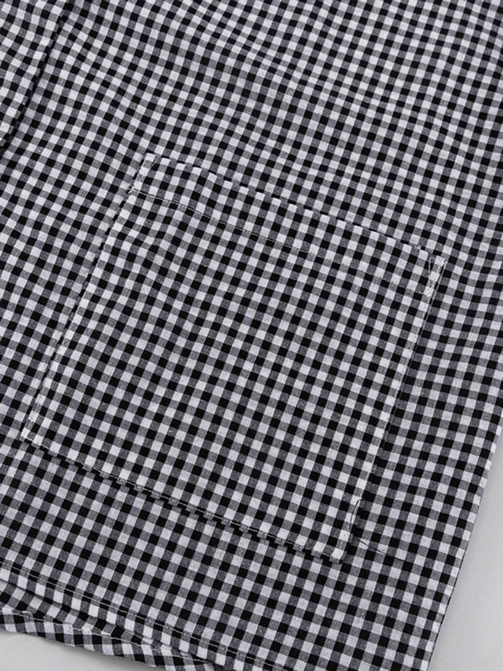 Ensemble deux pièces ample volanté boutonné à carreaux, à empiècements, à manches longues, à col revers, couleur contrastée – chemisier + pantalon