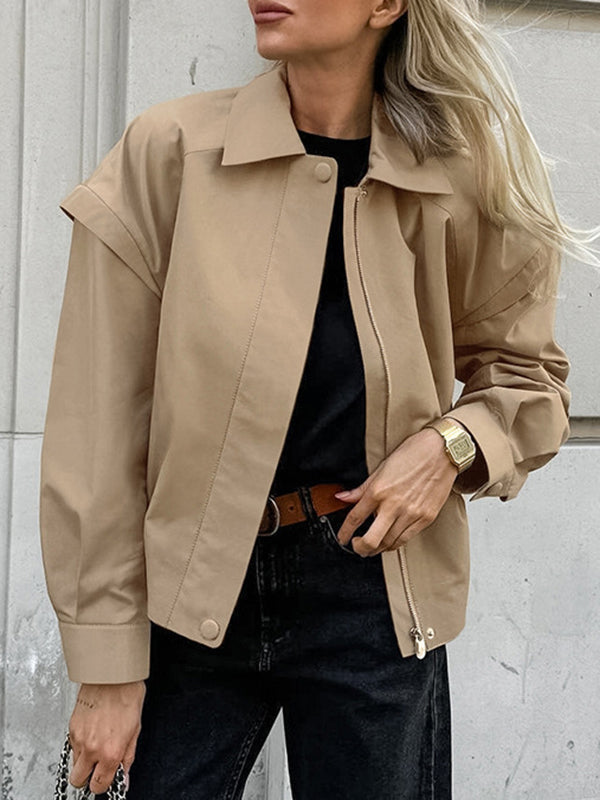 Veste ample boutonnée à manches longues, à taille élastique, à fermeture éclair, à col revers, couleur unie