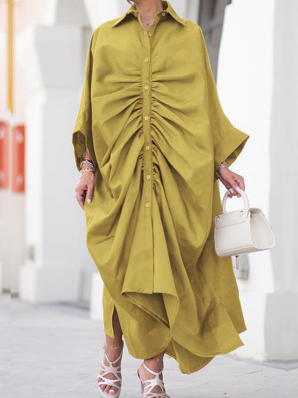 Robe chemise ample boutonnée plissée à manches longues, à col revers, couleur unie