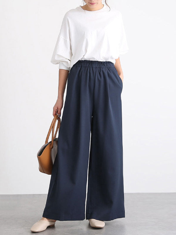 Pantalon taille haute à jambes larges, élastique, couleur unie, à empiècements, large côté
