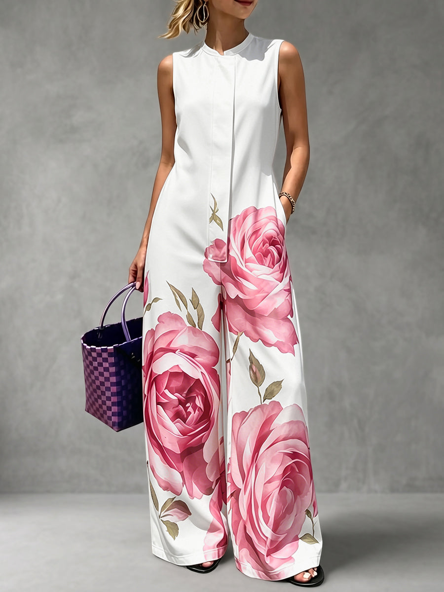 Combinaison ample plissée taille haute, à imprimé floral, à poches, à col rond