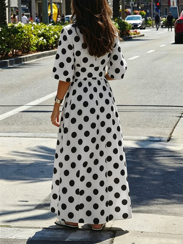 Robe chemise boutonnée coupe trapèze, à manches mi-longues, à taille élastique, à pois, à col revers, couleur contrastée