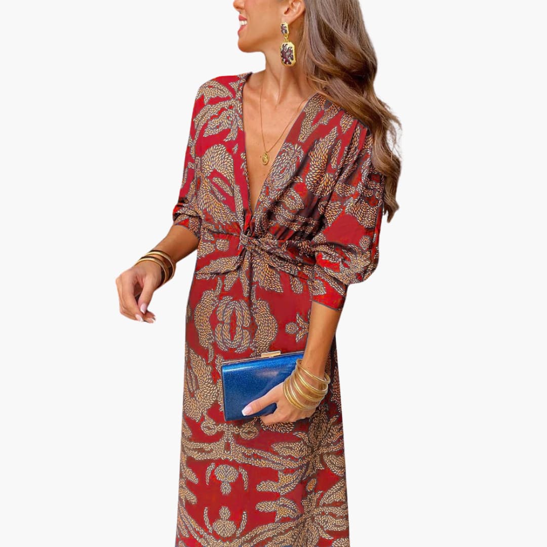 Robe midi pour femmes - Motif floral, manches longues & décolleté en V
