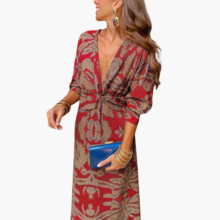 Robe midi pour femmes - Motif floral, manches longues & décolleté en V
