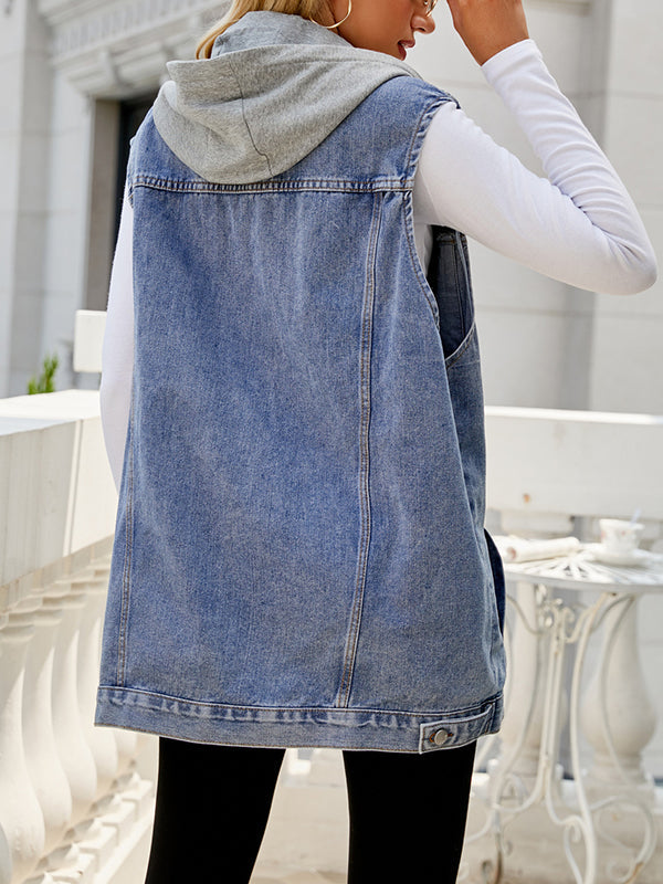 Gilet sans manches ample boutonné amovible à cordon de serrage, à capuche, à poches, à empiècements, col polo