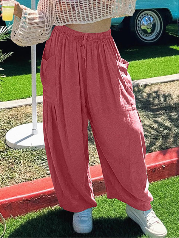 Pantalon ample plissé taille haute, à cordon de serrage, à taille élastique, à poches, couleur unie