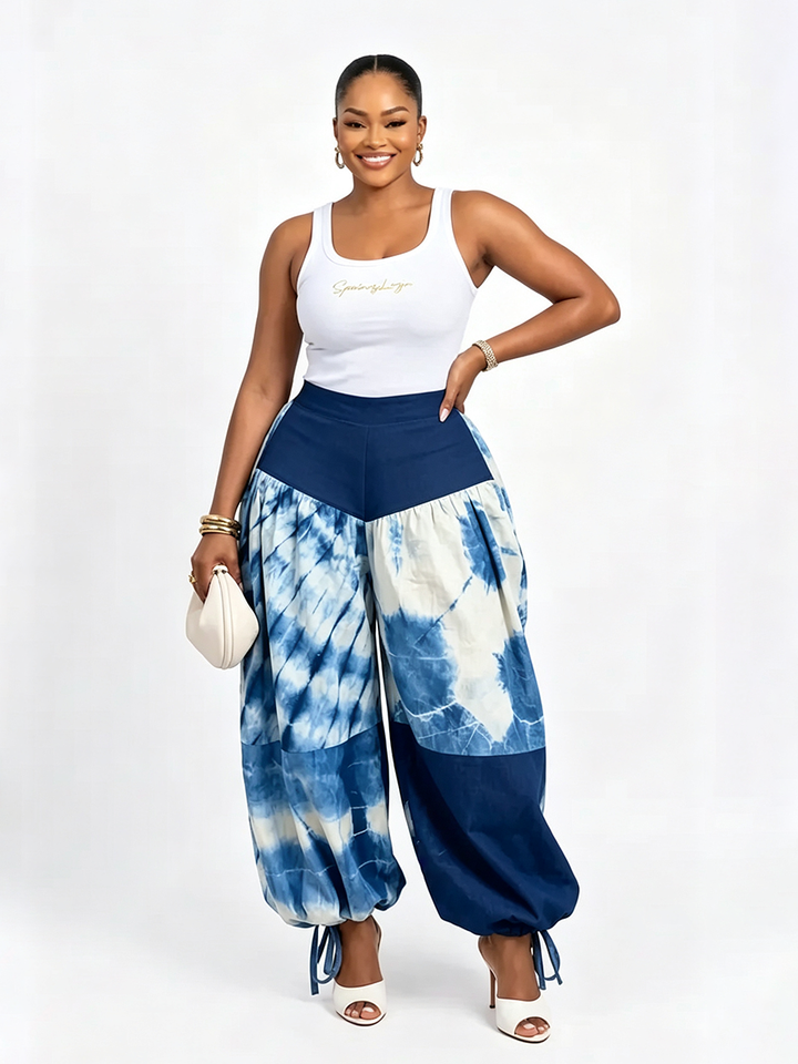 Pantalon resserré aux chevilles imprimé à empiècements, taille haute, couleur contrastée